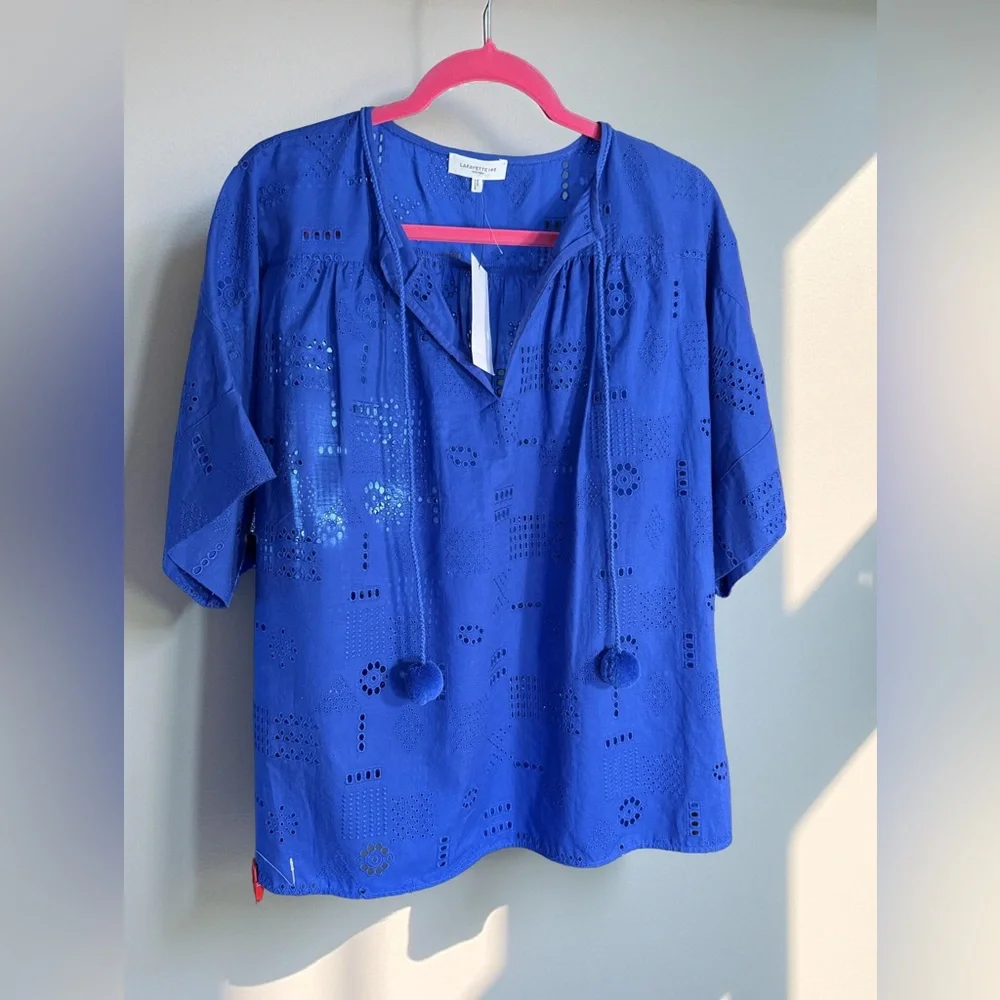 Lafayette 148 New York NWT Sz 1 Beautiful Blue Joplin Eyelet Long Sleeve Blouse - Picture 3 of 9